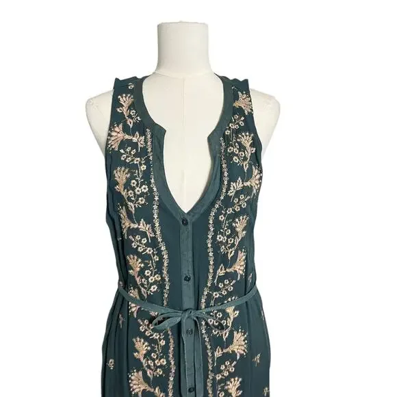 Embroidered Boho Dress Large Green Floral Sleeveless Belted Tiny Sundress - Picture 2 of 7